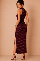 Avery Burgundy and Pink Satin Polka dot Maxi Dress