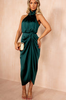Pattie Teal Gathered Satin Dress