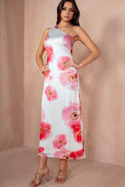 AX Paris Susan Cream and Pink One Shoulder Midi Dress