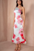 AX Paris Susan Cream and Pink One Shoulder Midi Dress