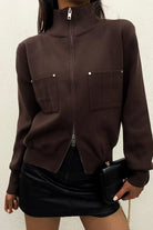 Ayden Chocolate Ribbed Knit Zip Up Shoulder