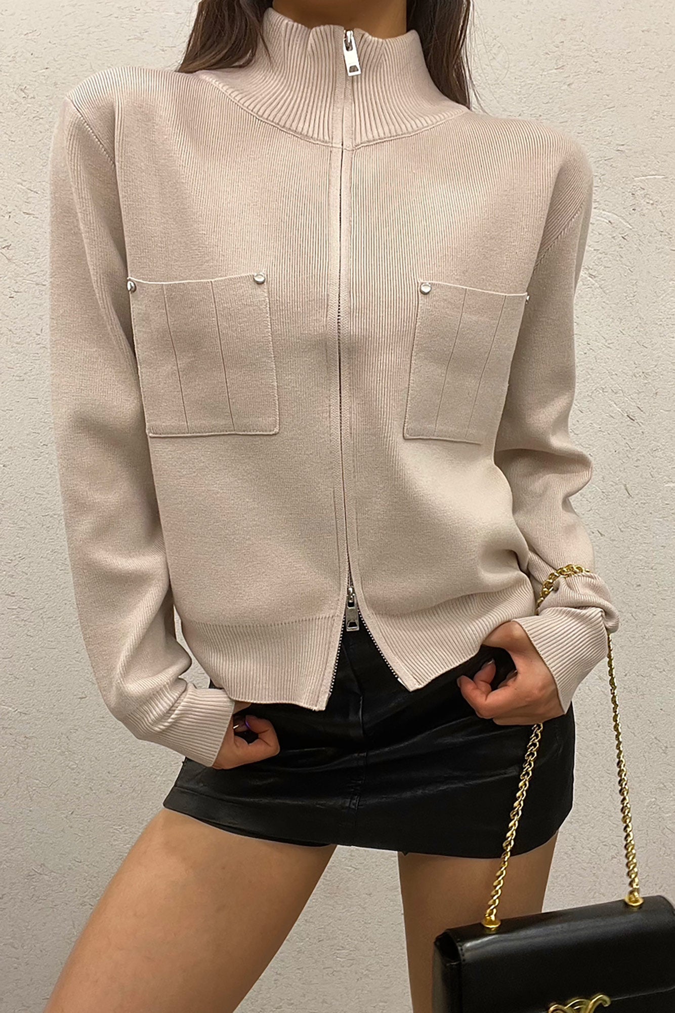 Ayden Stone Ribbed Knit Zip Up Sweater