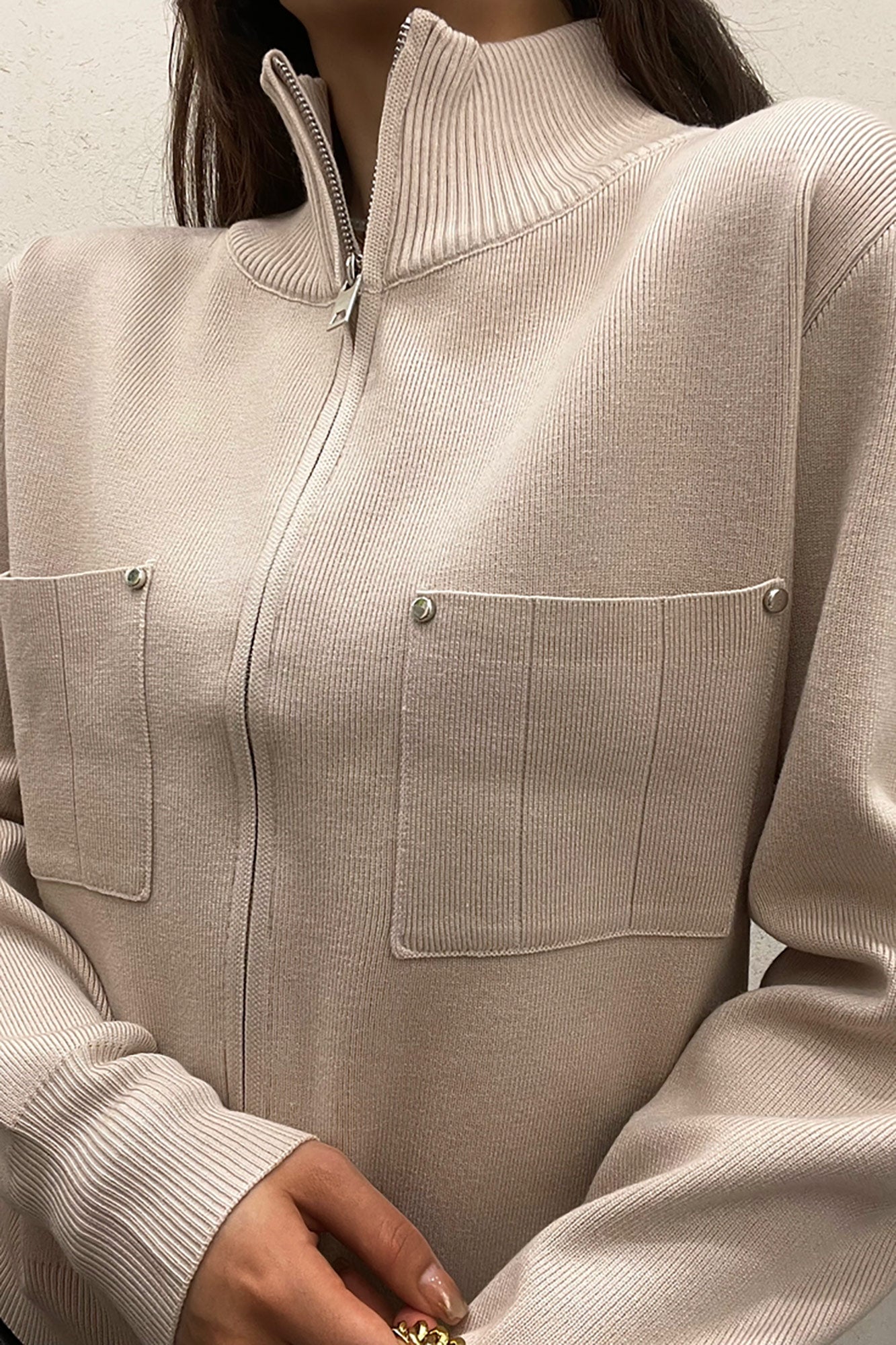 Ayden Stone Ribbed Knit Zip Up Sweater