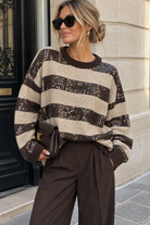 Babette Chocolate & Stone Knit Sequin Striped Jumper