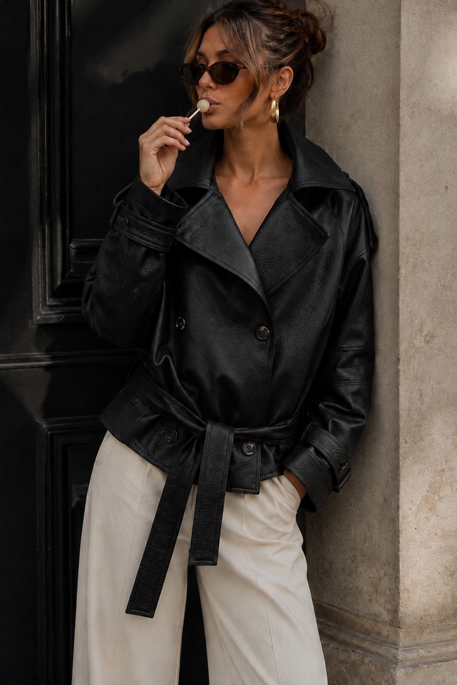 Beckett Black Faux Leather Belted Jacket