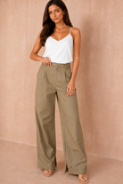 Belen Khaki Linen Utility Wide Leg Trousers