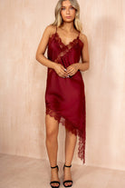 Belinda Wine Satin Lace Asymmetric Cami Dress