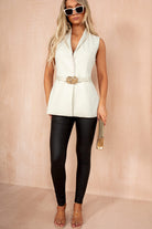 Belle Cream Sleeveless Belted Blazer
