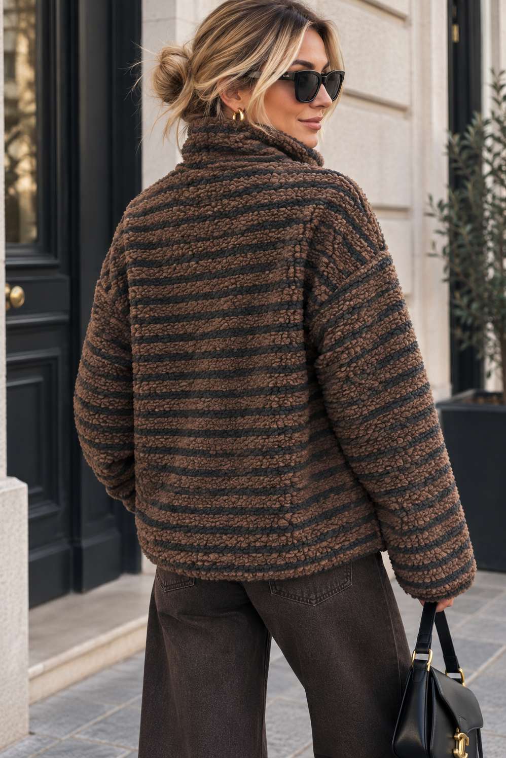 Bernelle Black & Chocolate Striped Fleece Jacket