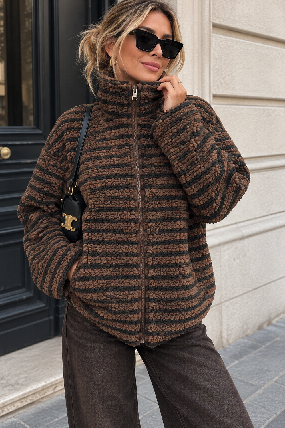 Bernelle Black & Chocolate Striped Fleece Jacket