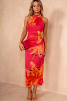 Beth Pink and Orange Satin Floral Halter Neck Dress