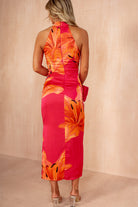 Beth Pink and Orange Satin Floral Halter Neck Dress