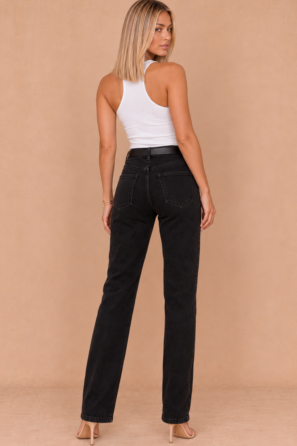Betha Black Denim Belted Straight Leg Jeans