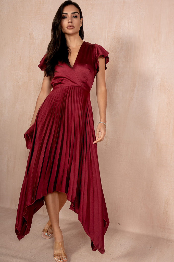 Maroon pleated dress best sale