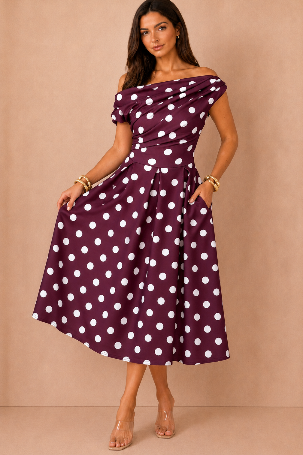 Betty Berry Polka Dot Asymmetric Midi Dress