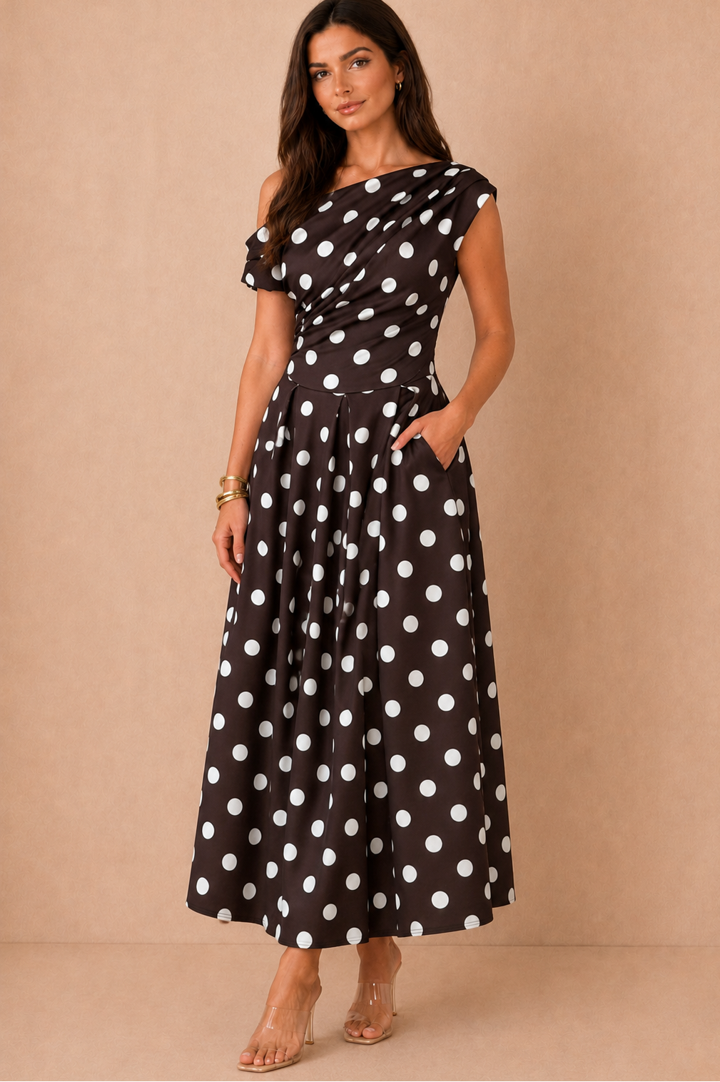 Betty Chocolate Polka Dot Asymmetric Midi Dress