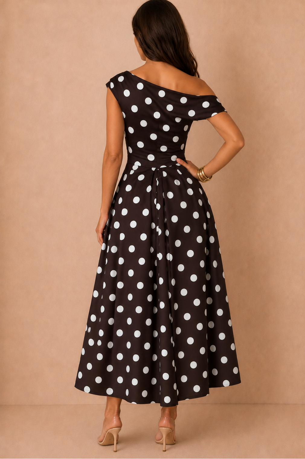 Betty Chocolate Polka Dot Asymmetric Midi Dress