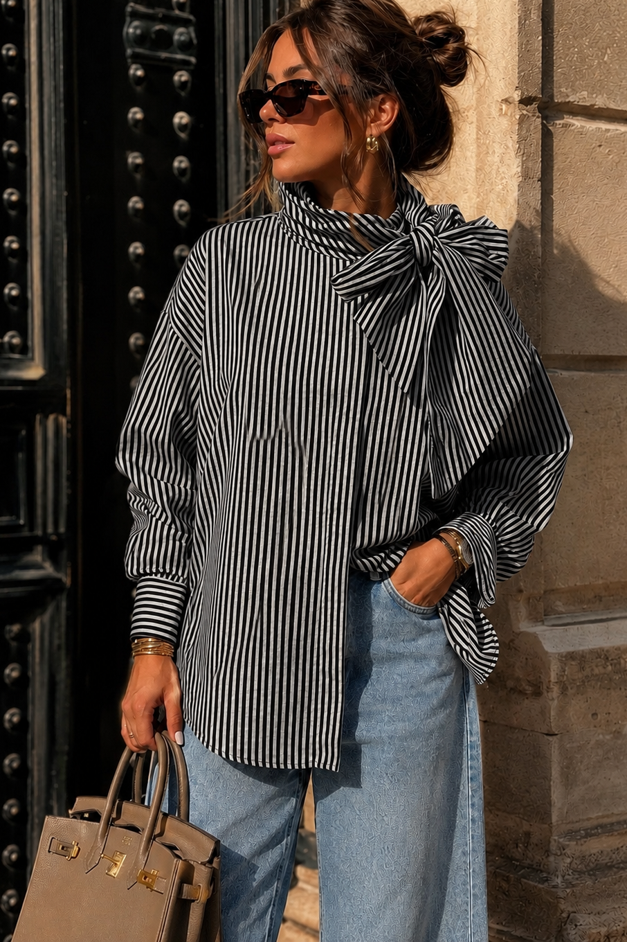 Blakelee Grey & Black Striped Tie Neck Shirt