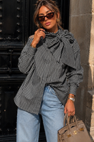 Blakelee Grey & Black Striped Tie Neck Shirt