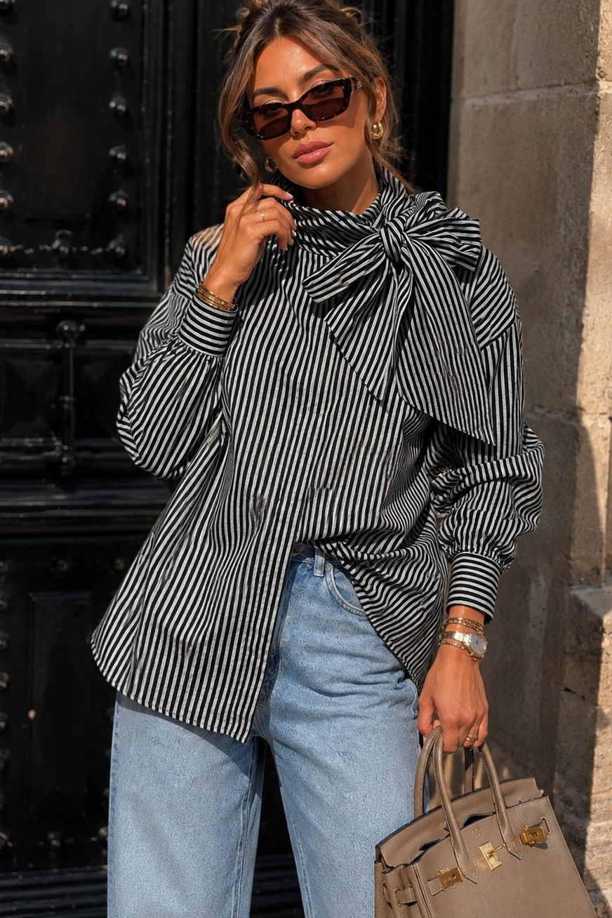 Blakelee Grey & Black Striped Tie Neck Shirt