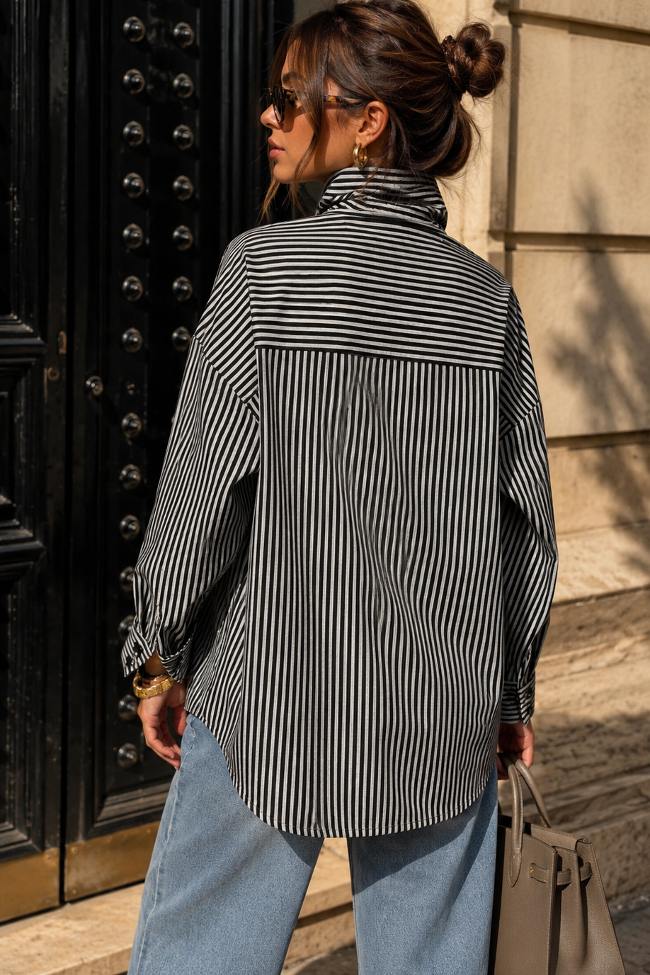 Blakelee Grey & Black Striped Tie Neck Shirt