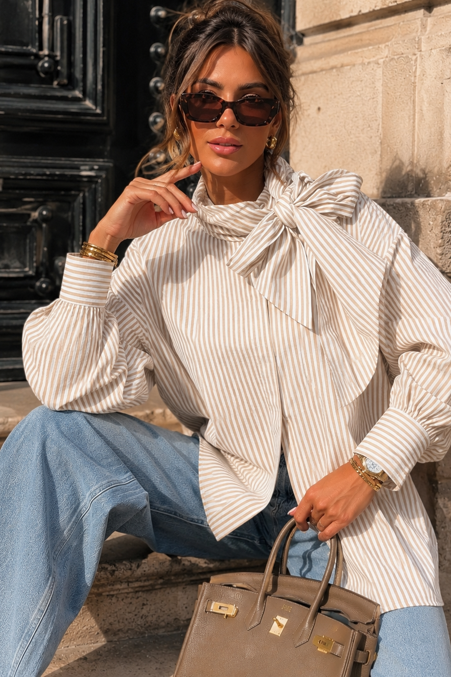 Blakelee Stone Striped Tie Neck Shirt