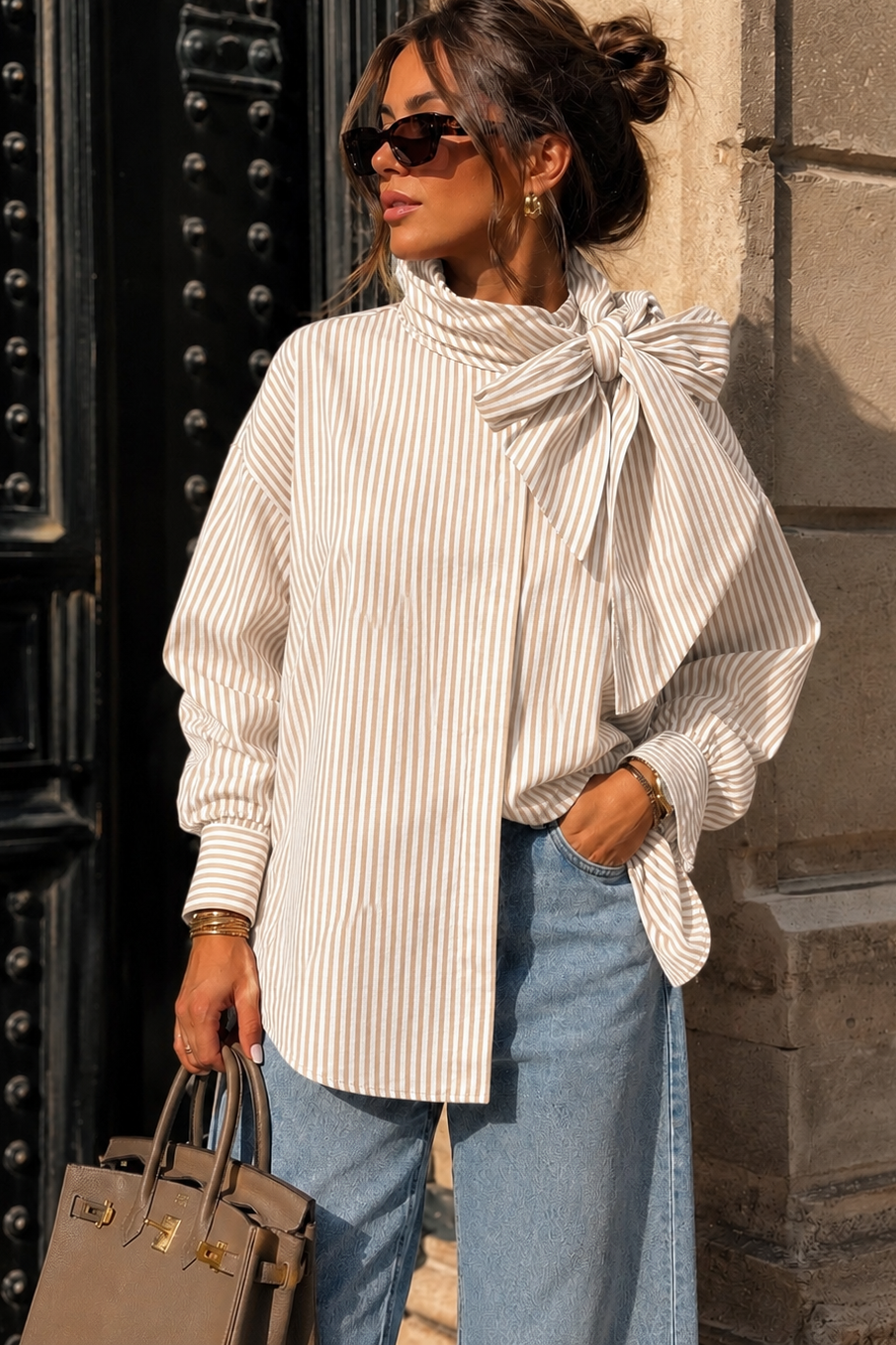 Blakelee Stone Striped Tie Neck Shirt