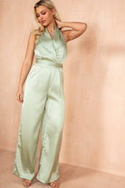 Braelyn Green Satin Halter Neck Jumpsuit