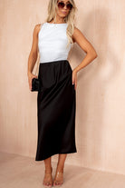 Briley Black Satin Midi Skirt