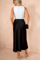 Briley Black Satin Midi Skirt