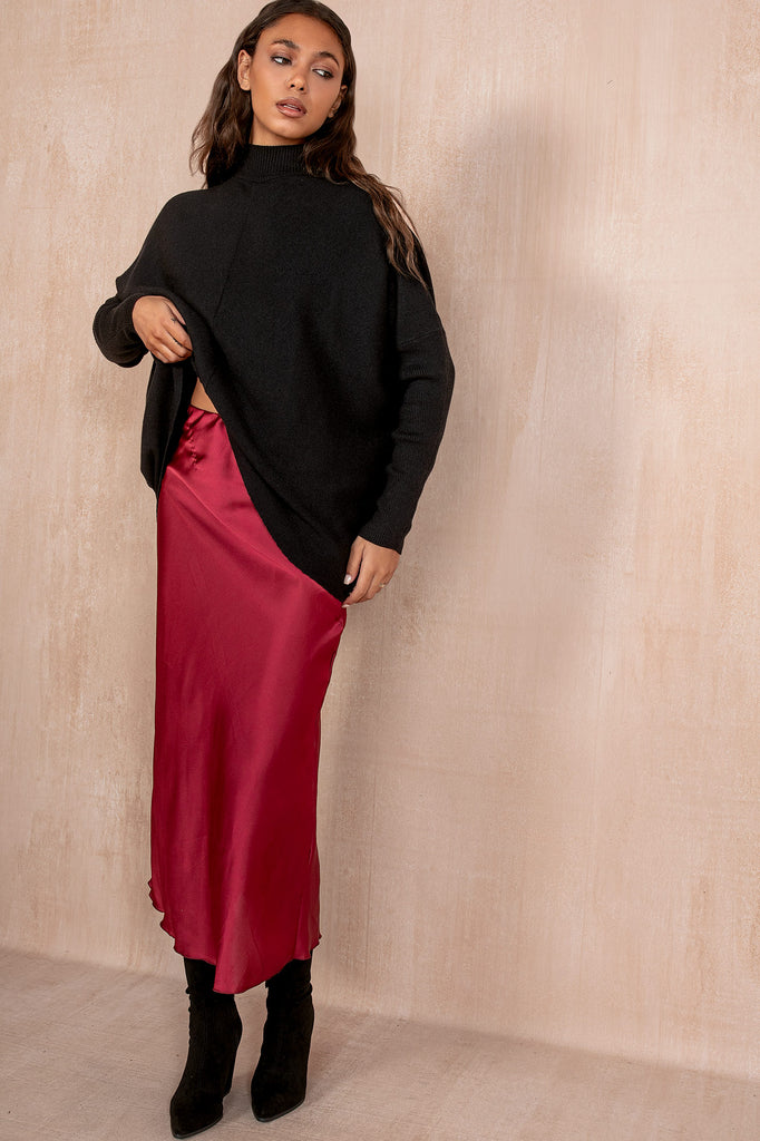 Briley Burgundy Satin Midi Skirt