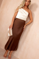 Briley Chocolate Satin Midi Skirt
