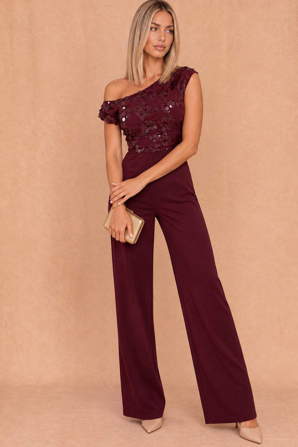 Camille Burgundy Sequin Off The Shoulder Jumpsuit