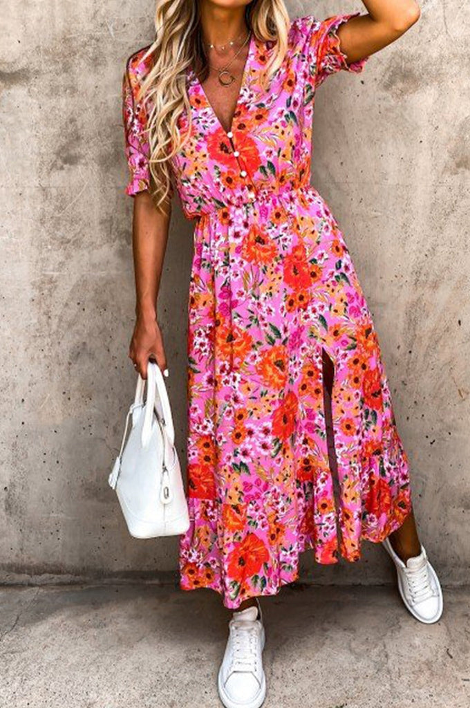 Candy Orange and Pink Floral Midi Dress