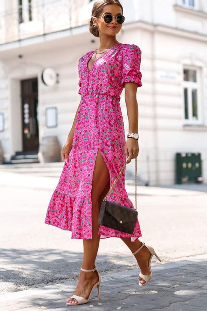 Giana Pink Ditsy Rose Print Midi Dress