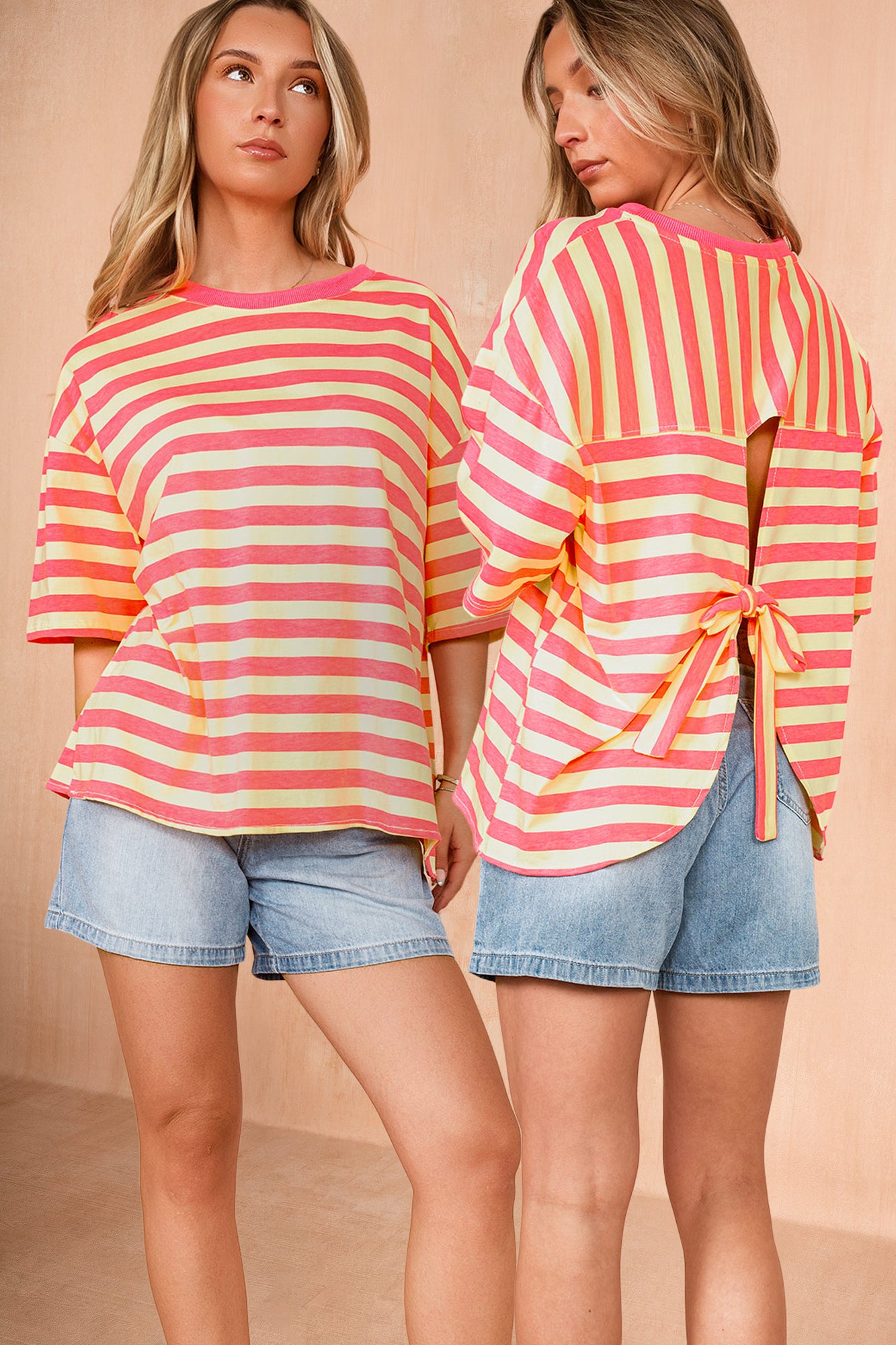 Capricorn Pink and Yellow Cotton Striped T Shirt