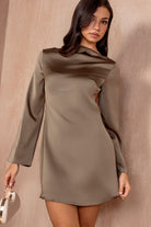 Cara Khaki Satin Backless Dress