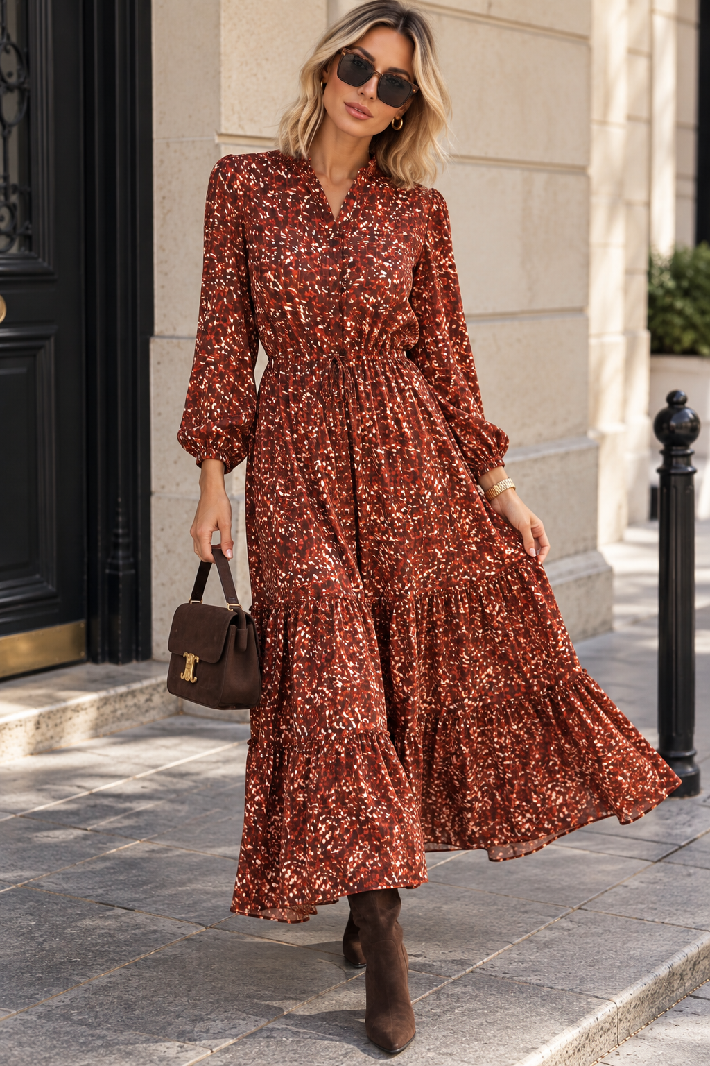 Carolina Wine Print Tiered Maxi Dress