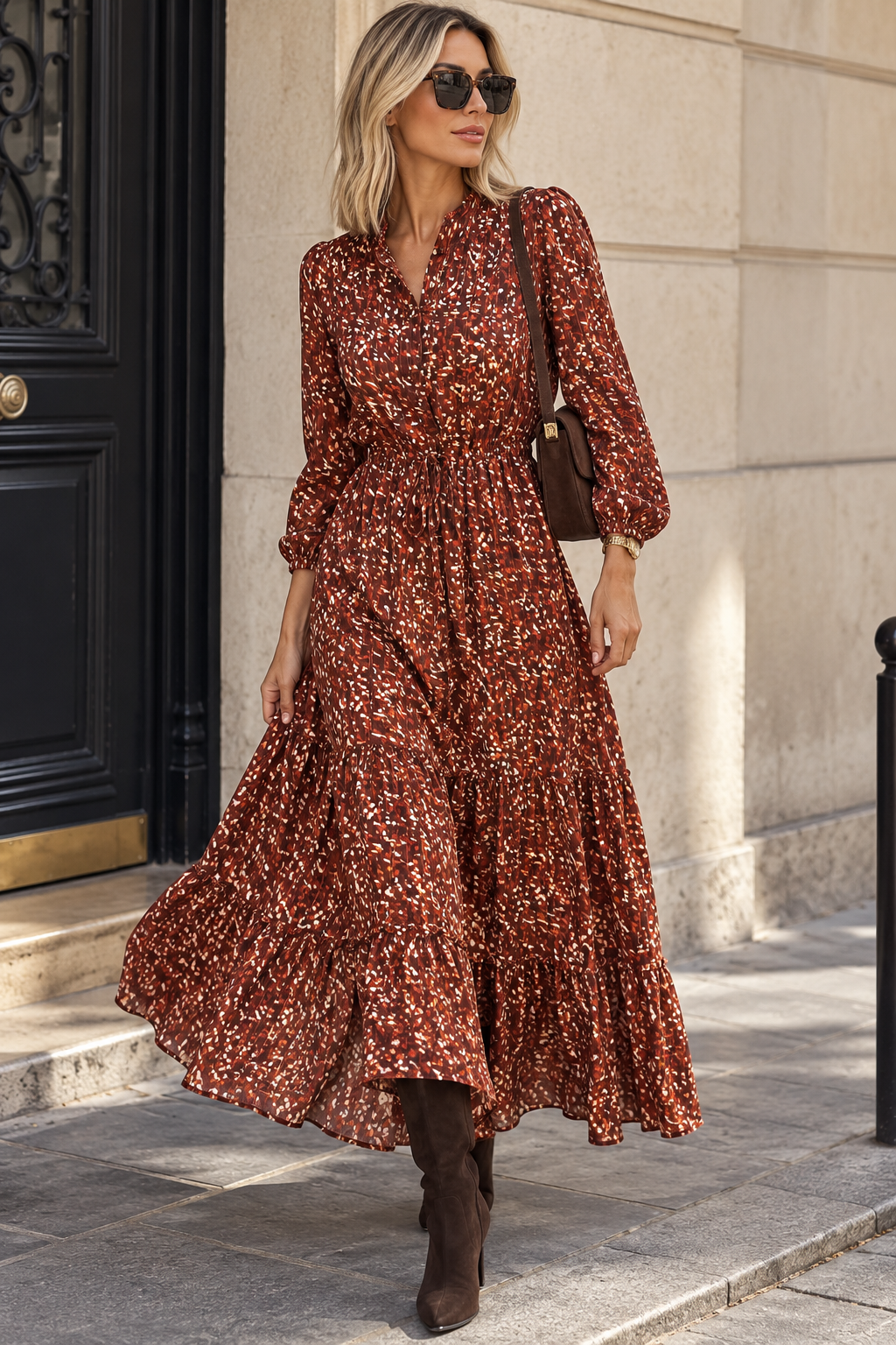 Carolina Wine Print Tiered Maxi Dress