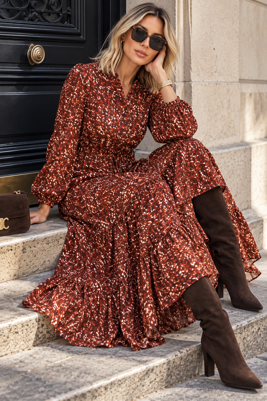 Carolina Wine Print Tiered Maxi Dress