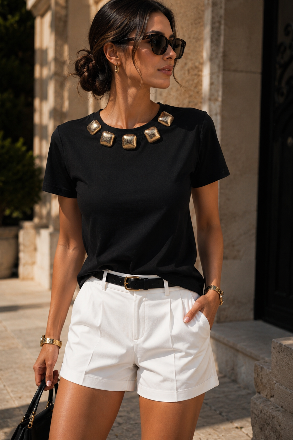 Caroline Black Cotton Jewel T-Shirt