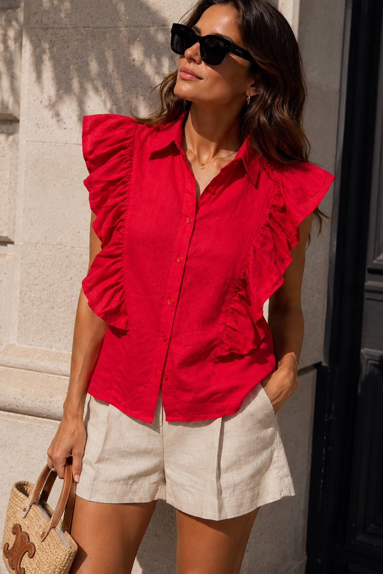 Caryson Red Cotton Frill Shirt