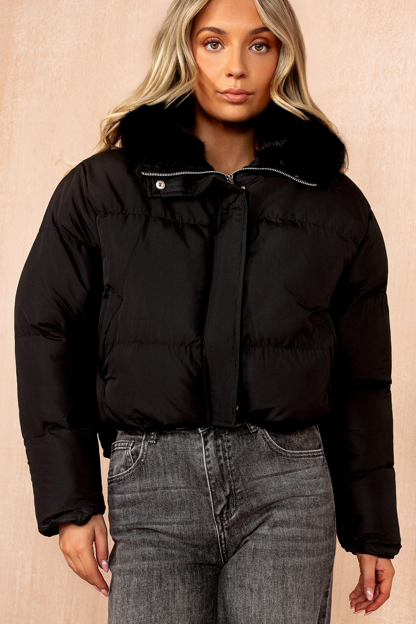 Cassie Black Faux Fur Hooded Puffer Jacket