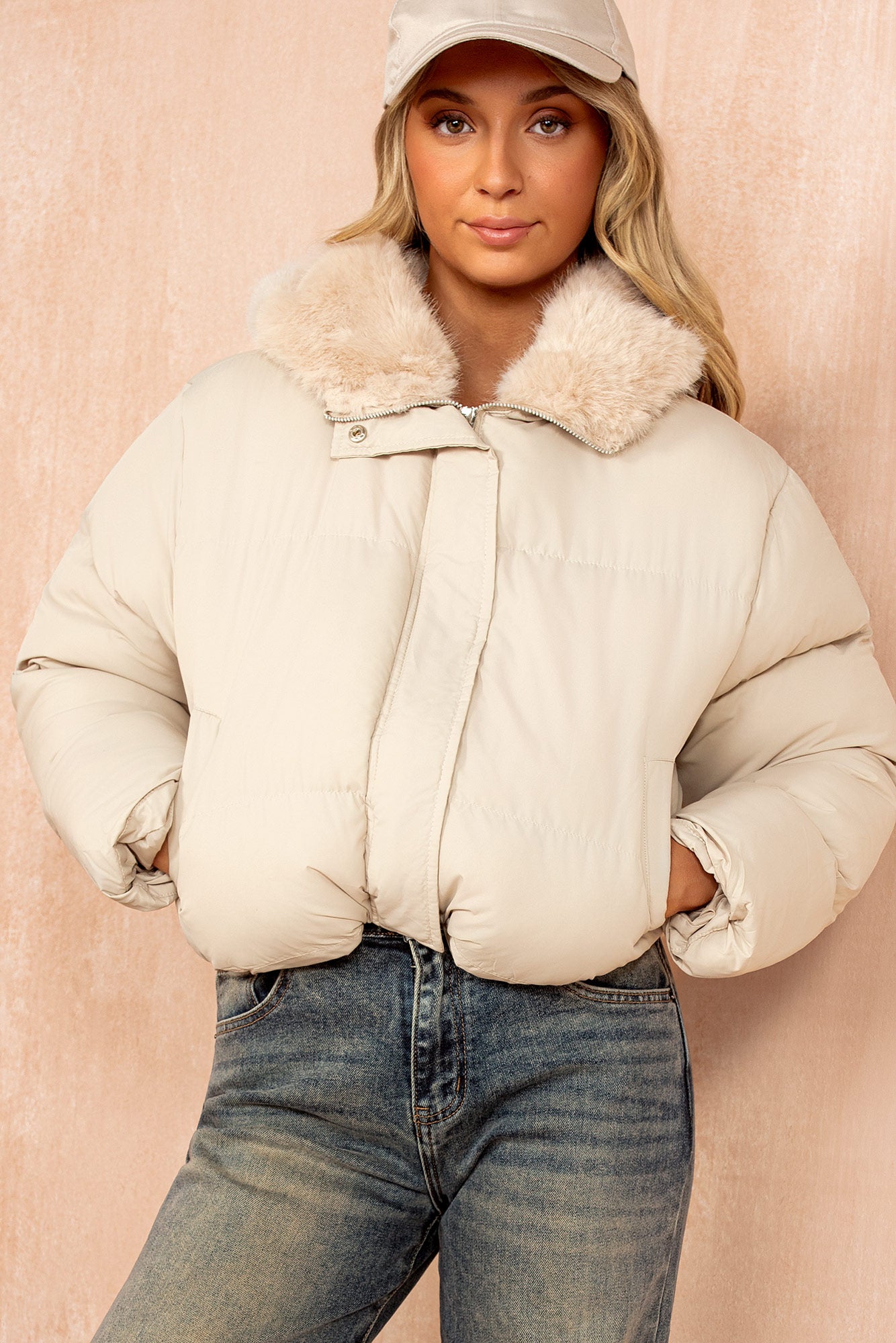 Cassie Cream Faux Fur Hooded Puffer Jacket