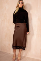 Catherine Chocolate Satin Lace Midi Skirt