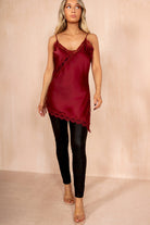 Celine Wine Satin Lace Asymmetric Cami Top
