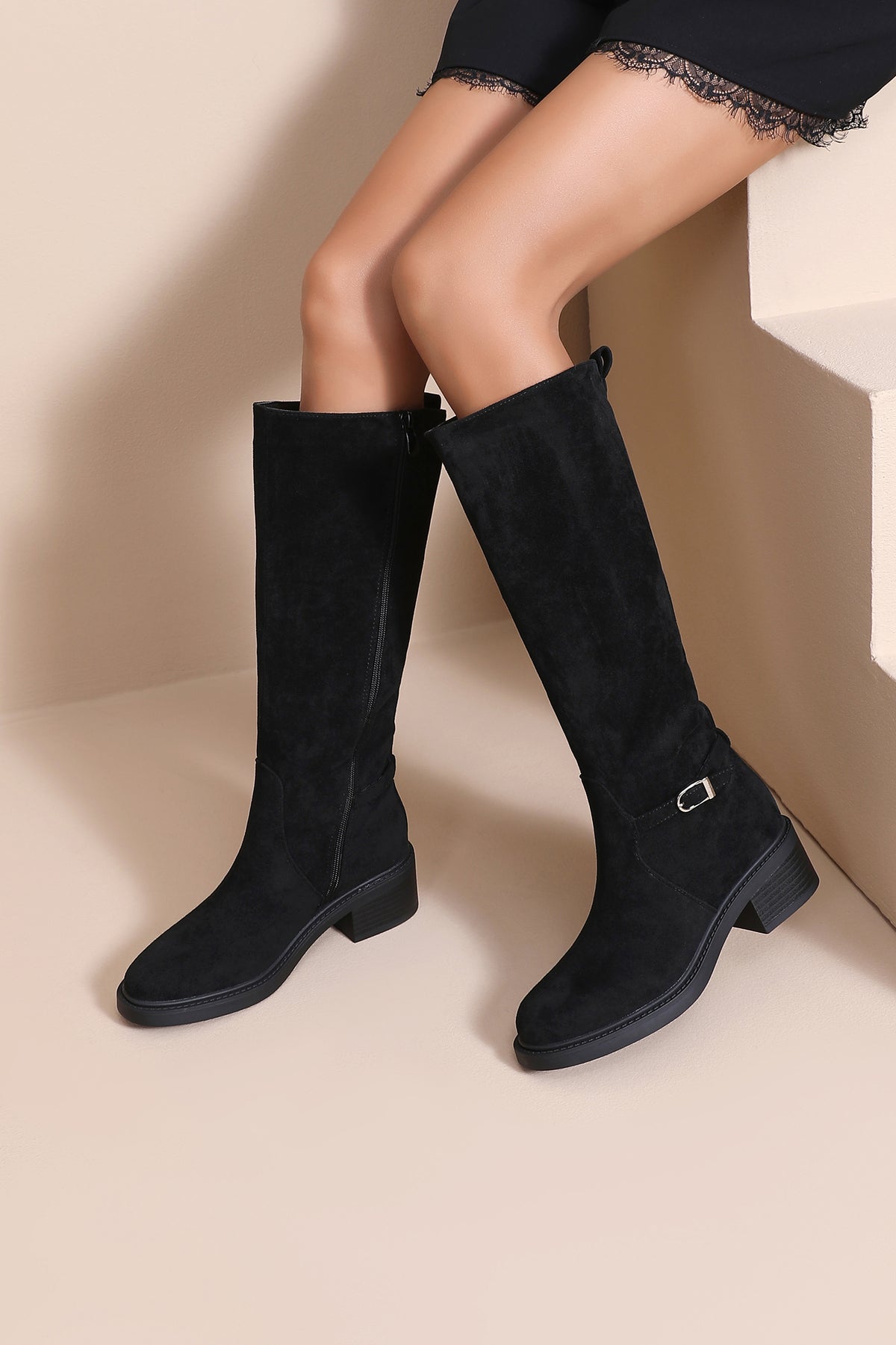 Claire Black Suedette Knee High Boots