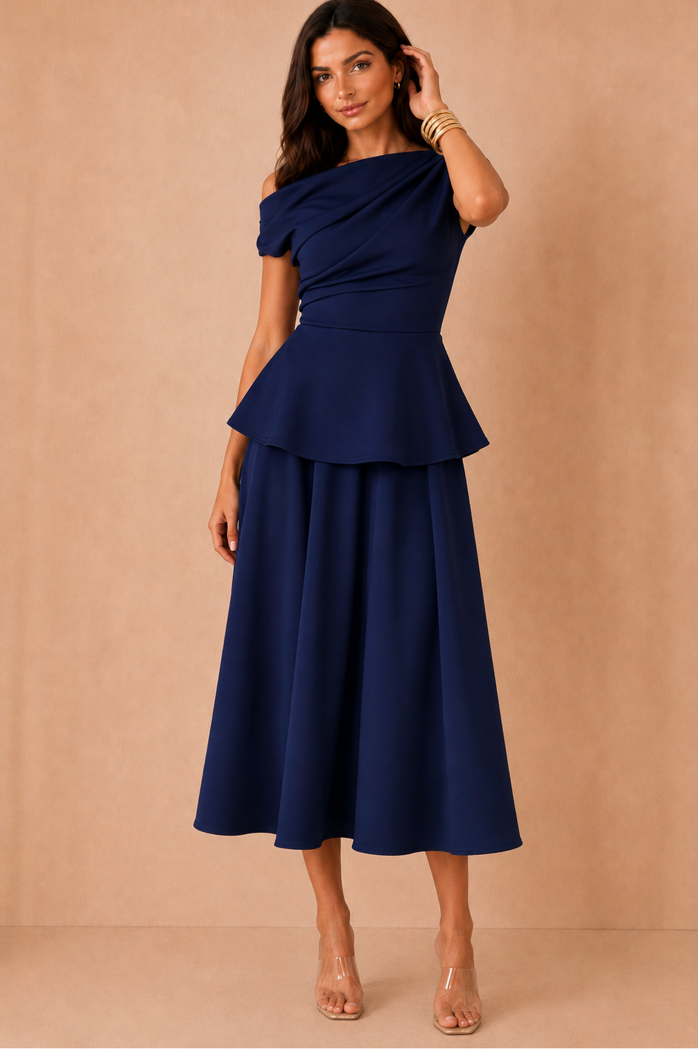 Connie Navy Peplum Midi Dress