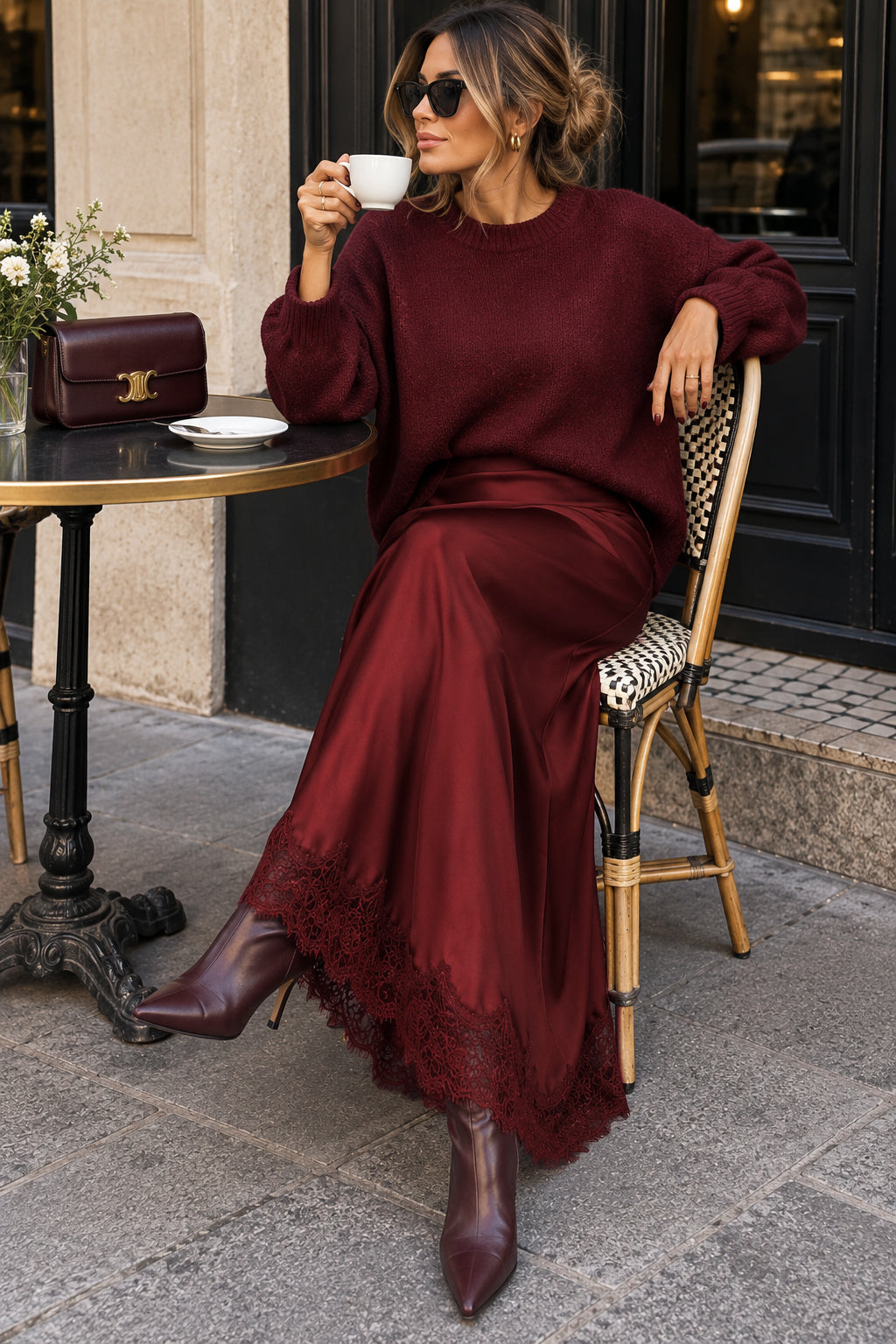 Daniella Burgundy Satin Midi Skirt