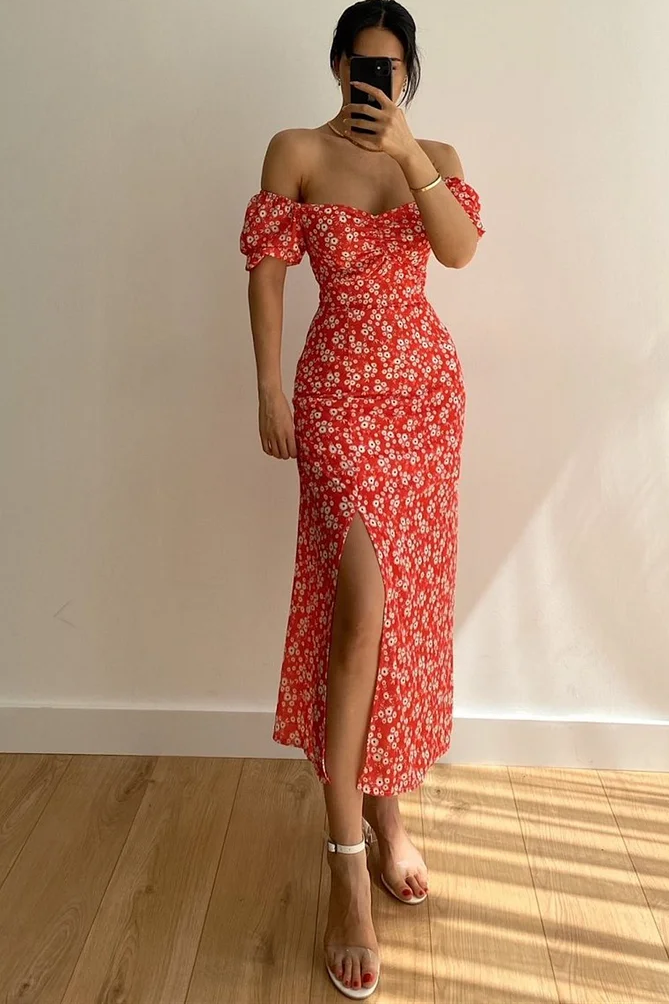 Danielle Red Floral Midi Dress